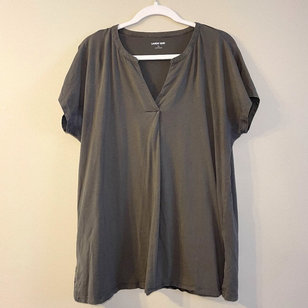 Women's Relaxed Fit Split Neck Pleated Jersey T-shirt Lands' End